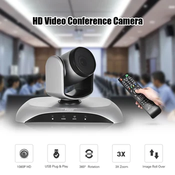 Aibecy 1080P HD Conference Camera USB Plug & Play 3X Zoom 360° Ротация с Дистанционно Управление, захранващ Адаптер за видео конферентна връзка
