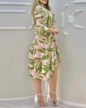 OIMG Elegant Dress Women Floral Print Button Design Shirt Dresses Casual Sweetwear Shopping Half Sleeve Robe Dropshipping 10228