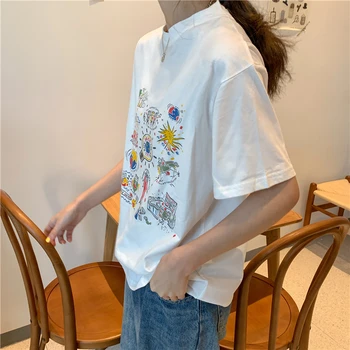 Harajuku Kawaii Graphic Tee Female summer Simple short sleeve cartoon T Shirt korean Women Смешни Print T-тениски Casual Top white