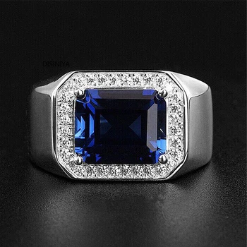 Голям син камък циркон сребърен цвят пръстени за мъже Блестящи AAA CZ Party jewelry мъжете Годишнина бижута размер на пръстен 7-11 bague homme
