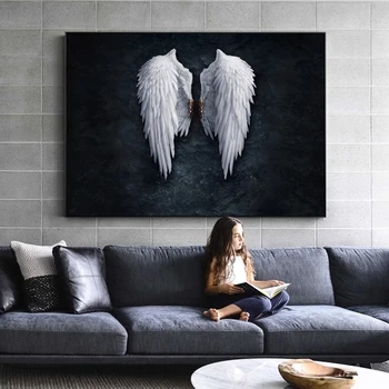 Аниме Крилата На Ангела На Стената На Изкуството, Платно Гравюри Ангел Перо Земята Крила Творчески Картини На Стената Картина За Всекидневна Декор