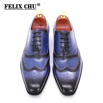 Маркови модела обувки Мъжки Оксфордские обувки Върха на Крилото Естествена кожа Бизнес Офис Сини обувки за мъже Класически Алпийка чрез шнурове мъжки обувки