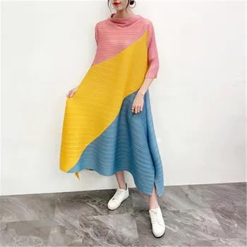 Miyake плиссированное рокля 2021 пролет и есен нов цвят съвпадение на модата удобни свободни големи размери за дамски рокли със средна дължина