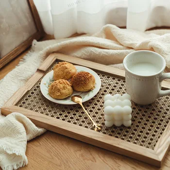 Домакински Японската Ратанови Печка За Съхранение Ins Nordic Чаен Поднос за Закуска Ретро Украса и декорация на Тавата