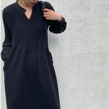 Ретро френски момиче луксозно плетиво с v-образно деколте с дълъг ръкав основното рокля mori момиче 2020 пролет