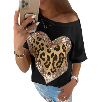 Продажба на Дамска Мода във формата на Сърце Тениска с Пайети Леопардовый принт Дамска Блуза, Блузи Лъжичка Врата Женската Половина на Ръкавите Свободна Тениска D30