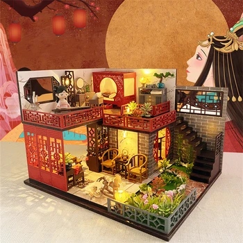 Творчеството на Древен Китайски Таванско помещение DIY Wooden Куклена Къща Миникартинка С Мебели Светлина Завод за Събиране на Играчки За Деца, Възрастни Подаръци