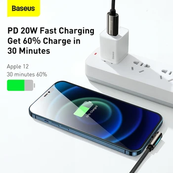 Baseus LED 20W PD USB Type C Кабел 90 Градуса Бързо Зареждане Зарядно Устройство за iPhone 12 11 Pro Max XR Мобилен Телефон Проводник за Предаване на Данни Кабел