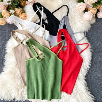 Секси Cross Slim Ladies Camis Summer Hollow Out Streetwear Sleeveless Crop Top Solid Color Памук Basic Women Camisole