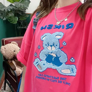 Harajuku Sky Blue Vintage Bear Бродерия на Тениски Памук О-образно деколте Лятото Плюс Размера на Върховете 2021 Япония, Корея Мода Тийнейджърката Облекло