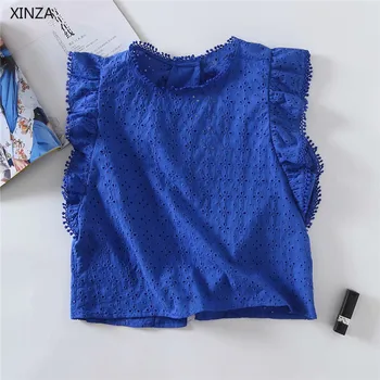 ZA 2021 Синя Лятна бродирана Дамска блуза без ръкави с волани деликатен топ Мода Задната част на бутона Vent Реколта дамски ризи