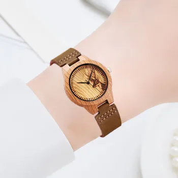 Часовници За жени, Дамски Ежедневни Кожена Каишка Дървена Циферблат Самоличността на Часовници Дамски Ретро Кръгли Ръчен Часовник Relojes Para Mujer