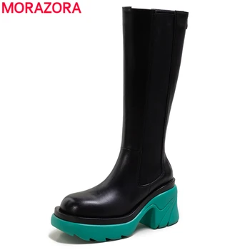 MORAZORA Плюс Размер 34-42 Маркови дамски ботуши Квадратни, високи токчета на Платформа коляното ботуши Дамски Цип Модни обувки Челси Дамски обувки