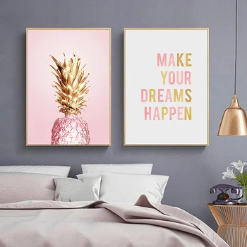 Розово Златен Ананас Скандинавски Плакат Ananas Quotes Платно Wall Painting Art Print Home Decorative Pictures for Living Room Decor
