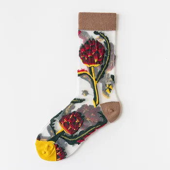 1 Чифт Японската Корея Мода Жакард Женски Летните Прохладни Творчески Цветни Прозрачни Копринени Тенденция На Печат-Тънки Стъклени Копринени Чорапи