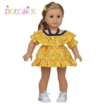 Лято 43 См чисто Нов Роди Дете Кукла Облекло Жълто Цвете Приплъзване Рокля За 18 Инча Американската Кукла За Подарък на момичета