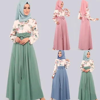 Donsignet Мюсюлманската рокля Цветен Принт Мюсюлманска Мода Розов Зелен Син Рамадан Малайски Абая Турция Дубай Дълга рокля