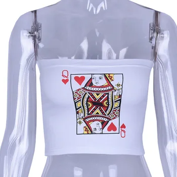 Дамски топ тръба Пънк Poker Печатна Майк Creative Print Без презрамки Busiter Върховете Секси Off Shoulder White Basic Crop Top Vest