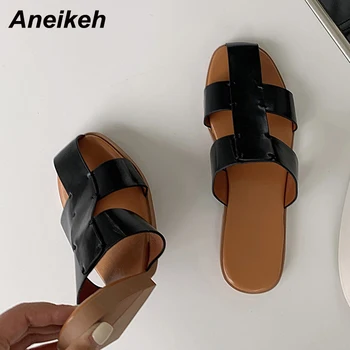 Aneikeh Summer Zapatos Mujer 2021 Fashion ПУ Low Slippers Квадратен ток Дамски обувки Сбито дребни твърдо Шиене Японски стил