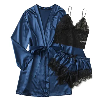 ISHOWTIENDA Satin Silk Pajamas Women Nightdress Lingerie Robes Underwear спално облекло Секси Robe sets дантелено бельо