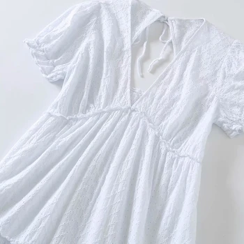 Women Summer Sweet ZA White Mini Dress 2021 V-Образно Деколте Выдалбливают Бродерии Сплайсированные Дамски Елегантни Ежедневни Рокли Vestidos Clothing
