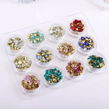 12 Кутии в 1 AB Color Opal Нокти на Кристал Set Sharp Bottom Multi-size Crystal Manicure for 3D Nail Art Decoration Rhinestone
