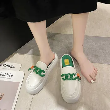 2021 Нова Марка, Дизайн Зелена Верига Дамски Чехли Вътрешен Чорап Приплъзване На Мулах Обувки през Цялата Чорап Ниски Токчета Случайни Пързалки джапанки обувки