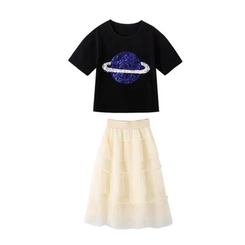 Girls Dress Suit 2021 New Teens Kids Print T-shirt Върховете+Mesh Cake Skirt Outfits for Children ' s Clothes Set 3-12Y
