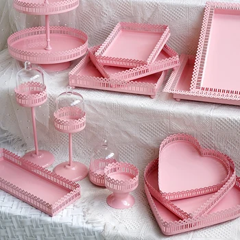 Розов Цвят Сватбена Торта Щандове Принцеса Момиче Рожден Ден Украси Cupcake Торта Дисплей Тава Чинии Понички Бонбони Посуда