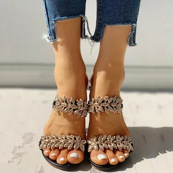 Летни дамски луксозни Кристални сандали токчета на Дамски сандали и Обувки Дамски секси токчета Модни дамски Цветя Чехли Голям Размер 41