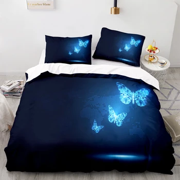 3D Sci-Fi Blue Butterfly Pattern Комплект Постелки,203×229 Пухени Комплект С Калъфка, 220×260 Чаршаф ,Черен Чаршаф