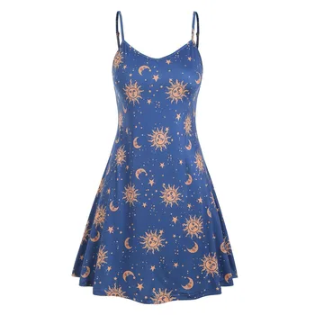 Galaxy Sky Тай-dyed Dress Women Summer Sleeveless Star And Moon Printed Spaghetti Strap Dresses О-образно деколте Dress Vestidos Robe Femme