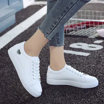 Бели Ежедневни Обувки За жени 2021 Нова Мода Апартамент в Сърцето На дантела-изкуствена Кожа, Дамски Обувки Пролет Есен Дамски Обувки Вулканизированная