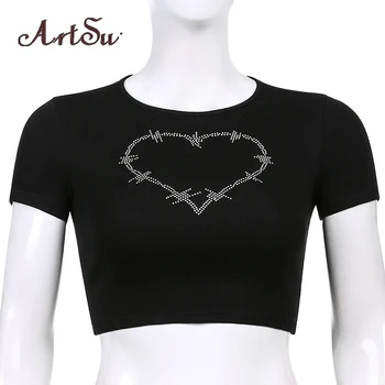 Artsu Crystal Heart Пот Сладко Crop Top Tshirt Summer Fashion Cotton T-Shirt Дами Red Basic Tee Shirt Streetwear New 82612