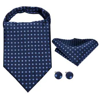 Hi-Tie Ascot Вратовръзка за Мъжете Копринена Вратовръзка на Точки Врата Вратовръзка Ръкавели Набор от Тъмно Синя Вратовръзка за Сватбата на Едро AS-1011