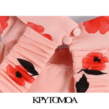 KPYTOMOA Жени 2021 Секси Мода Облегалката Цветен принт Съкратен Блузи Реколта на Оглавник Врата Еластичен Подгъва Дамски Ризи, Шикозни Блузи