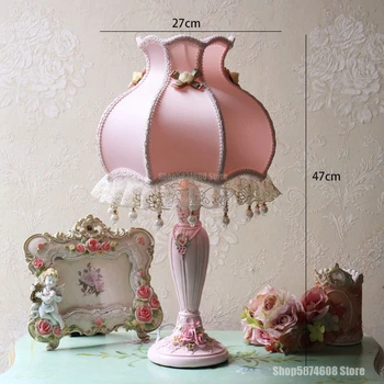 Korean Lace Fabric Table Lamp Modern Pink Resin Bedroom Bedside Table Lamp Study Room Living Room Home Lighting Decoration Lamps