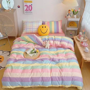 Kawaii Мода Дъга Комплект Постелки Памук Плоски Чаршаф Калъфка Бонбони Луксозен Корейска Принцеса Пълен Queen Bed Sets