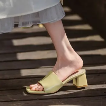 RIZABINA Естествена Кожа Дамски Чехли Обувки Приплъзване На Дебелите Ток Плътен Цвят Пързалки Мода Лято Дамски Обувки Размер 34-39