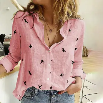 Дамска блуза Дамски Блузи с дълъг Ръкав и отложным яка, копчета Ежедневни Блузи с принтом Дамска Риза Свободна офис дамски блуза
