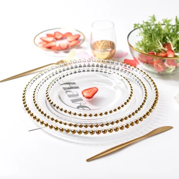 Nordic Gold Glass Bead Charger Dinner Plated Dish Декоративна Салата Плодови Сватбена табела Кът чинии и чаши десерт плоча