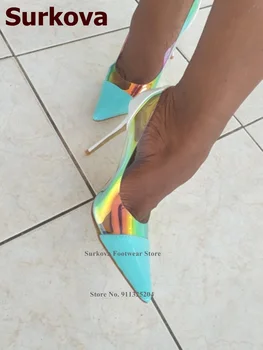 Суркова, 12 см Висок Ток Холограма Преливащи PVC Помпи Прозрачни Прозрачни Сватбени Обувки Неон Жълт Розов Огледало Кожени Вечерни Обувки