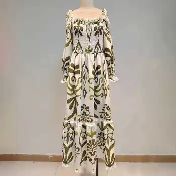 Wenfly Women Бохемска Printing Maxi Dress Слаш Neck Фенер Ръкав Мозайка Дантела Ruched Стари Елегантни рокли