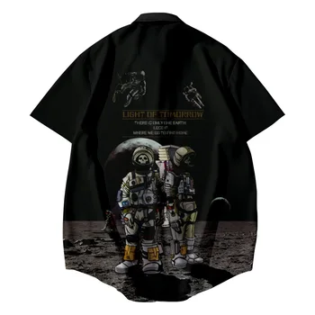 Човек Върховете На Ревера С Къс Ръкав Свободни Черно Астронавт Печат Дрехи Мода Мъжете Хавайски Ризи Ежедневни Плажно Облекло Camisa Hombre