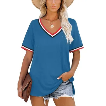 Лято Плътен Цвят С Къс Ръкав на Райета Секси V-образно деколте Тениска Случайни Свободен Разрез Дамски Градинска Тениска Femme
