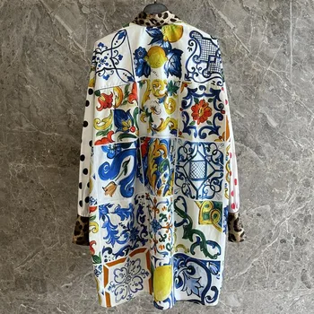 Висококачествена Сицилия мода Писта Женска Риза Памук Мозайка Ретро Цветен принт Свободни дълги Ръкави-Големи Извънгабаритни Върховете
