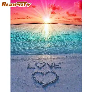 RUOPOTY Frame Painting By Numbers For Adults Love Heart On Beach Landscape Блажна Боя Акрилна Пигмент Home Wall Decor Art Сам Gi