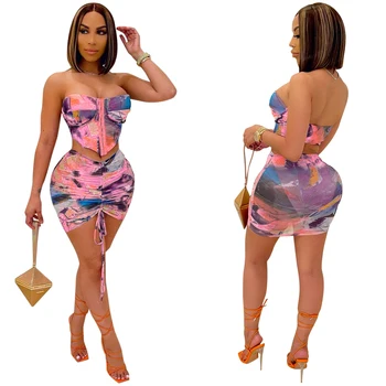 Women Вратовръзка Боядисват Club Party Two Piece Summer Set Skirt Suit Секси Off Shoulder Crop Top Drawstring Mini-Skirt Outfit Matching Set