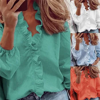 Горещи Продажба На Дамски Потници И Блузи Елегантна Бяла Риза Ol С Дълъг Ръкав Дамски Однотонная Ризата Femme Blusa Feminina Градинска Облекло