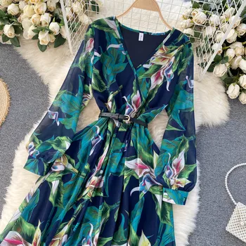 Дамски Нова мода Шифон Печат трапециевидное рокля Пролет и лято Приморски V-образно деколте с дълги ръкави и Висока талия Плаж Vestidos R463